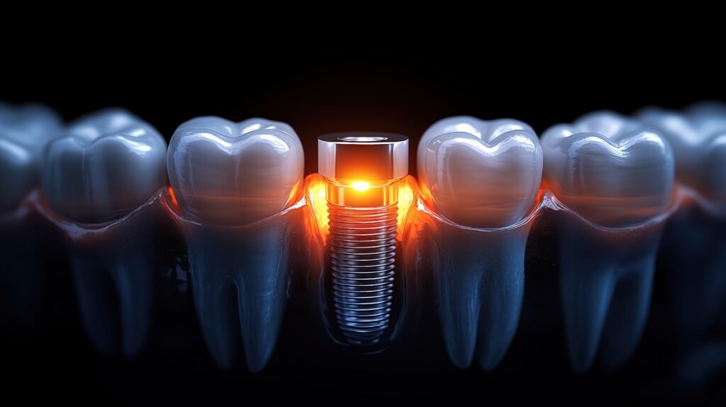 Çene kemiği içinde sağlam diş implantının üç boyutlu görseli — implant ömrü