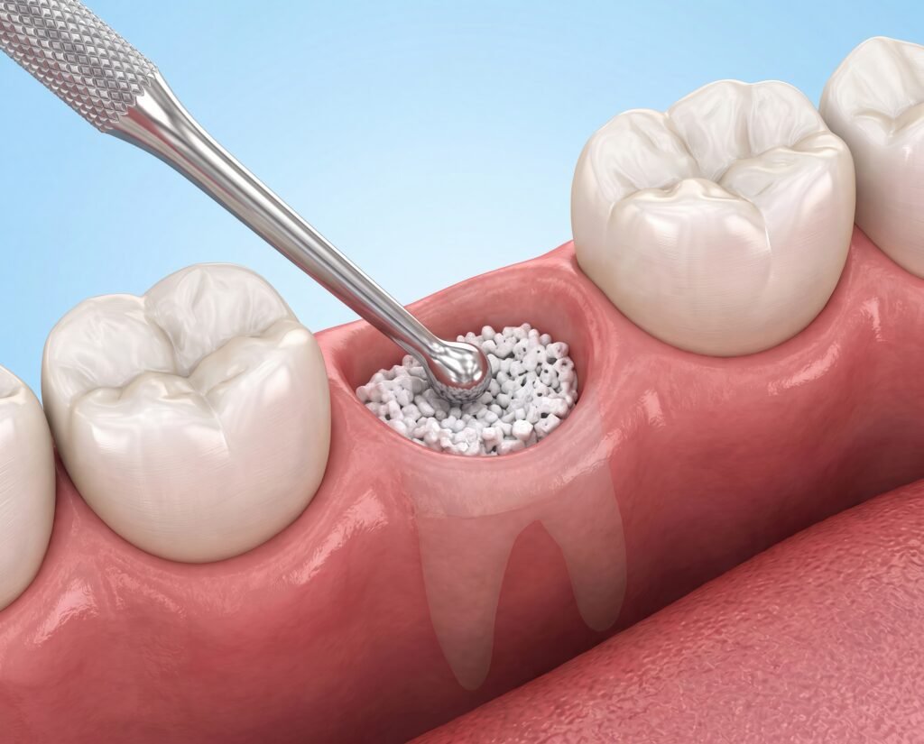 Kemik grefti (kemik tozu) uygulamasının 3 boyutlu görseli — implant öncesi kemik