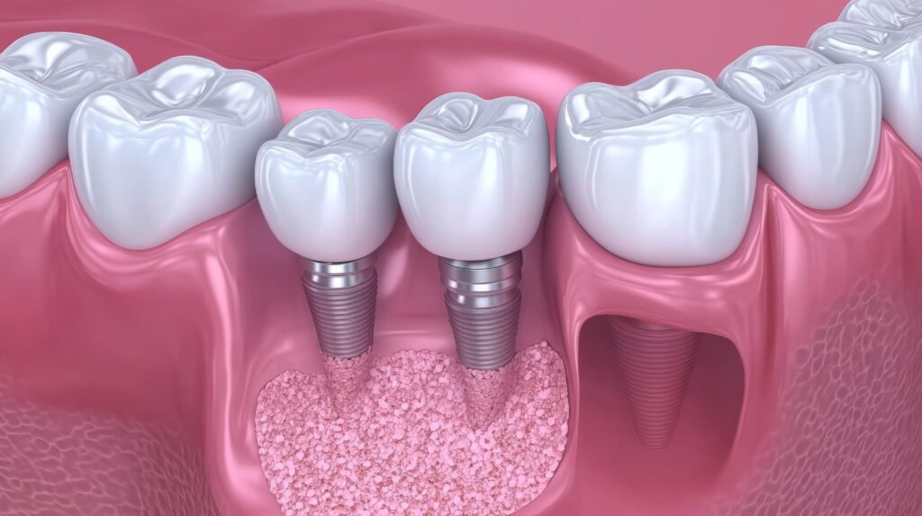 Diş implantı ve üst yapının üç boyutlu görseli — zirkonyum ve titanyum implant
